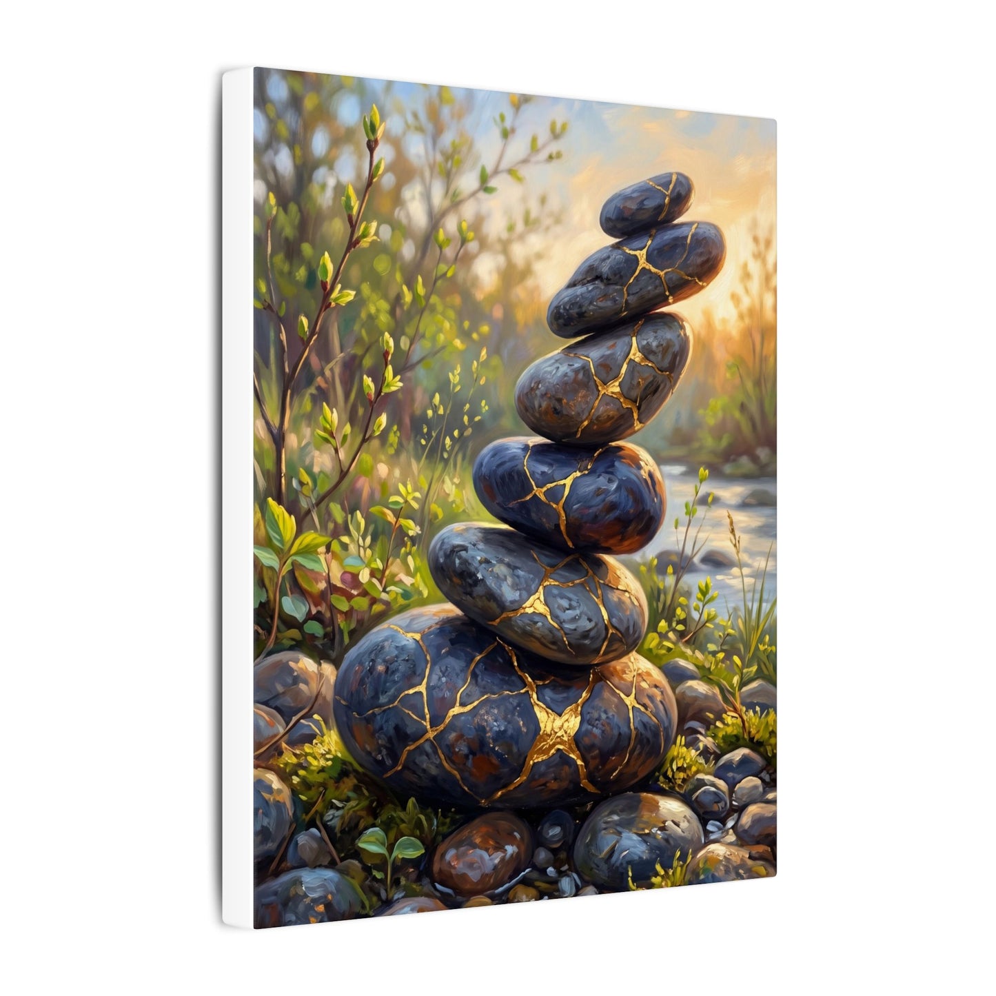 Spring River Stones Gold Repair Canvas Art | Healing Decor