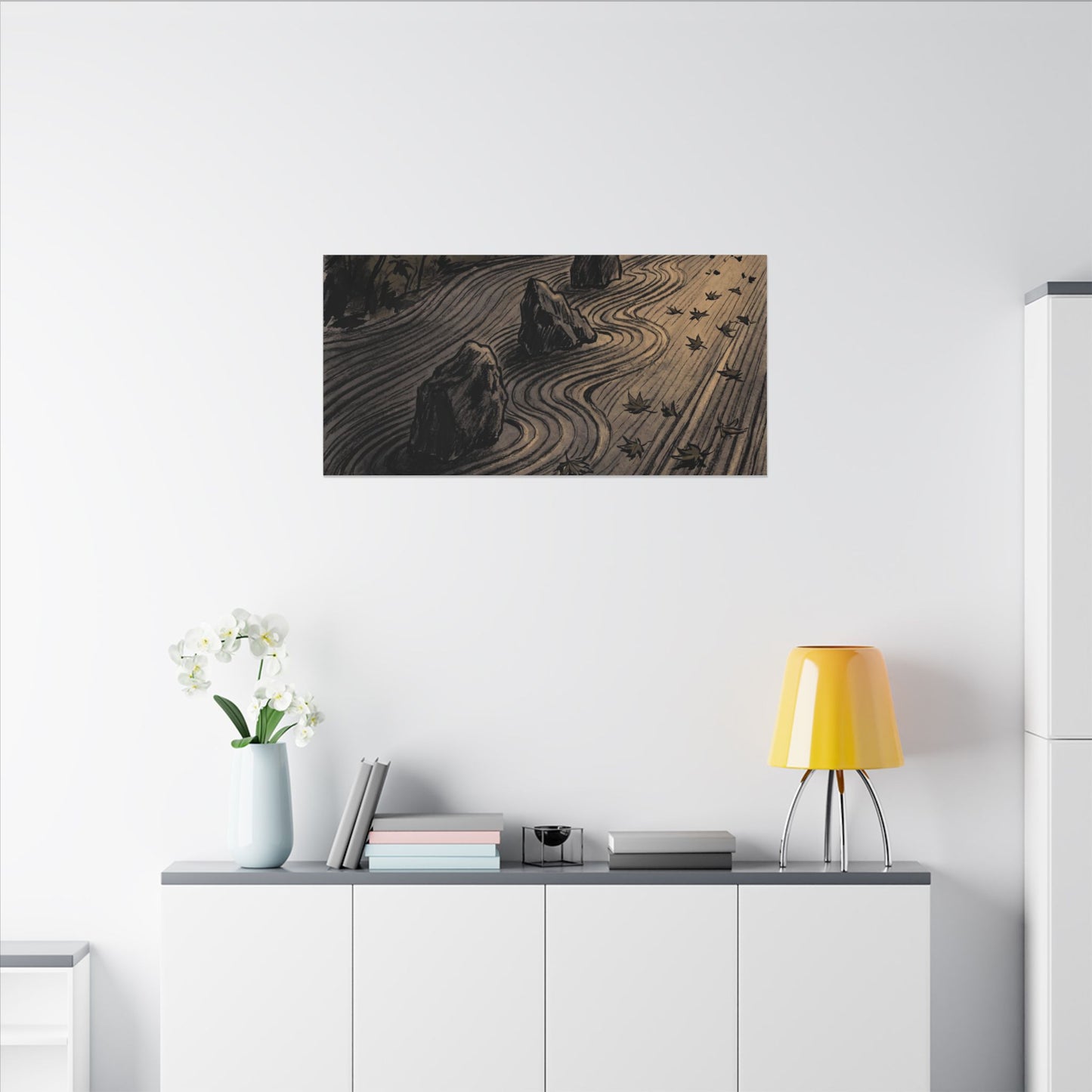 Rock Garden Canvas Art | Autumn Dark Japandi Charcoal Ink Art