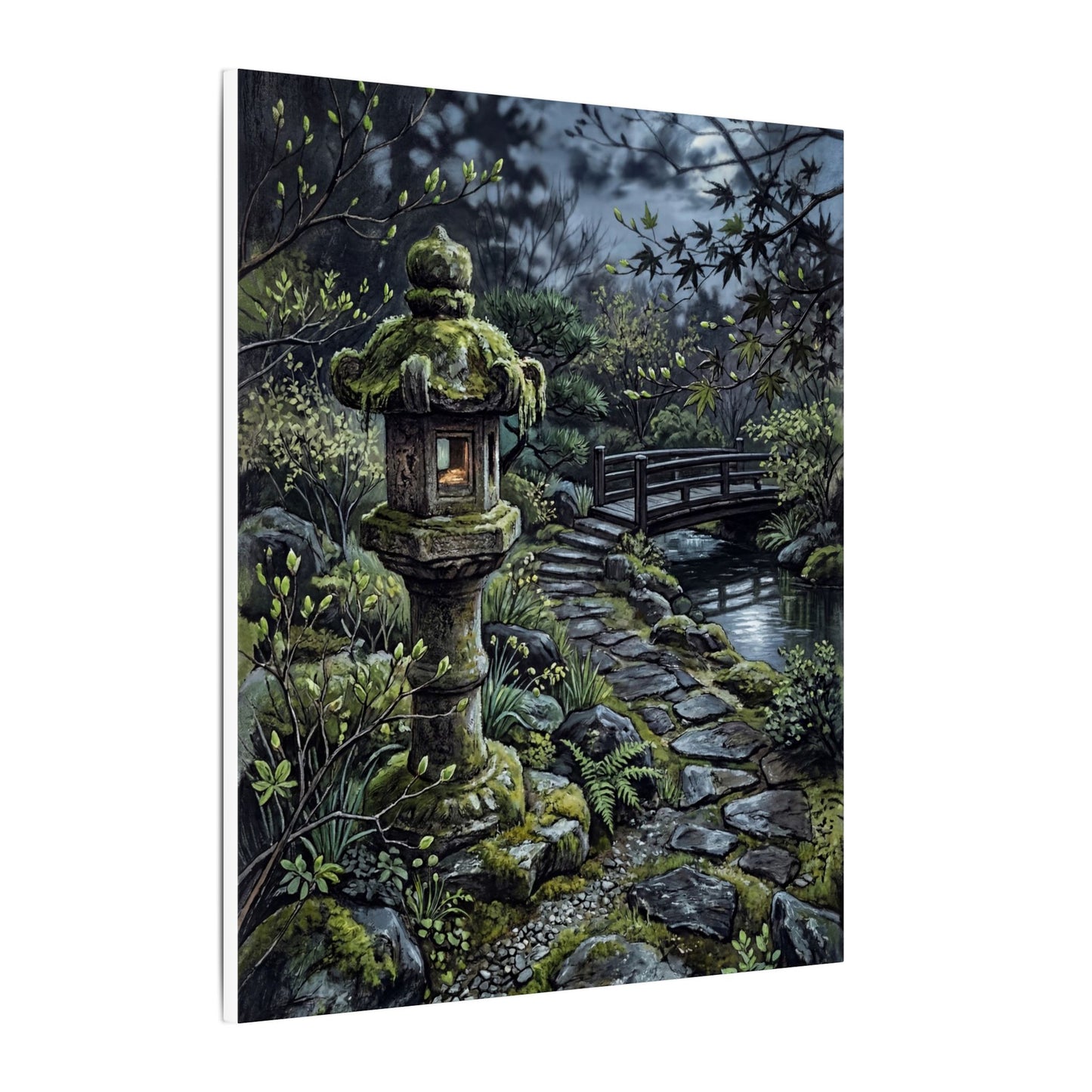 Japandi Stone Lantern in Moonlight | Texture Canvas Art