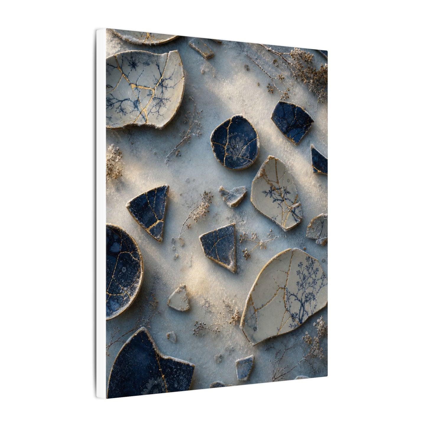 Broken Pottery Canvas Art | Winter Kintsugi Gold Vein Art
