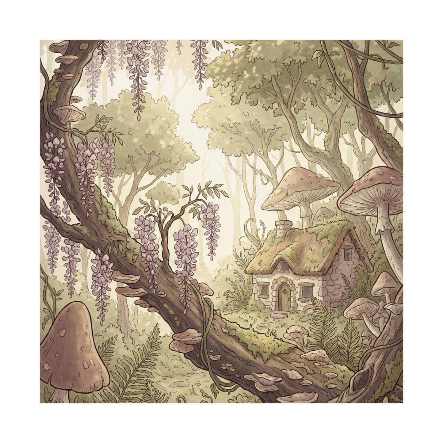 Summer Wisteria Mushroom Illustration Wall Art Print | Rustic Decor