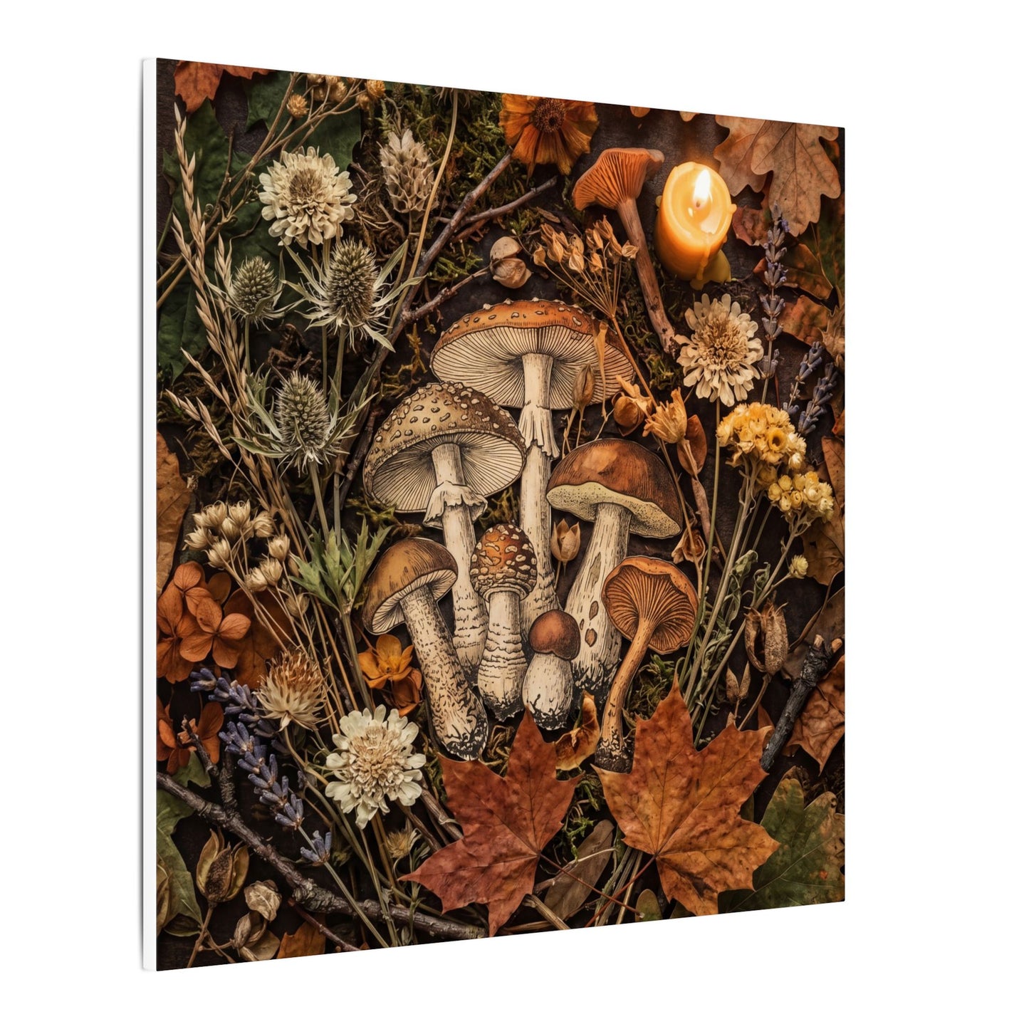 Autumn Dried Flowers Mushroom Illustration Canvas Art | Earthy Decor
