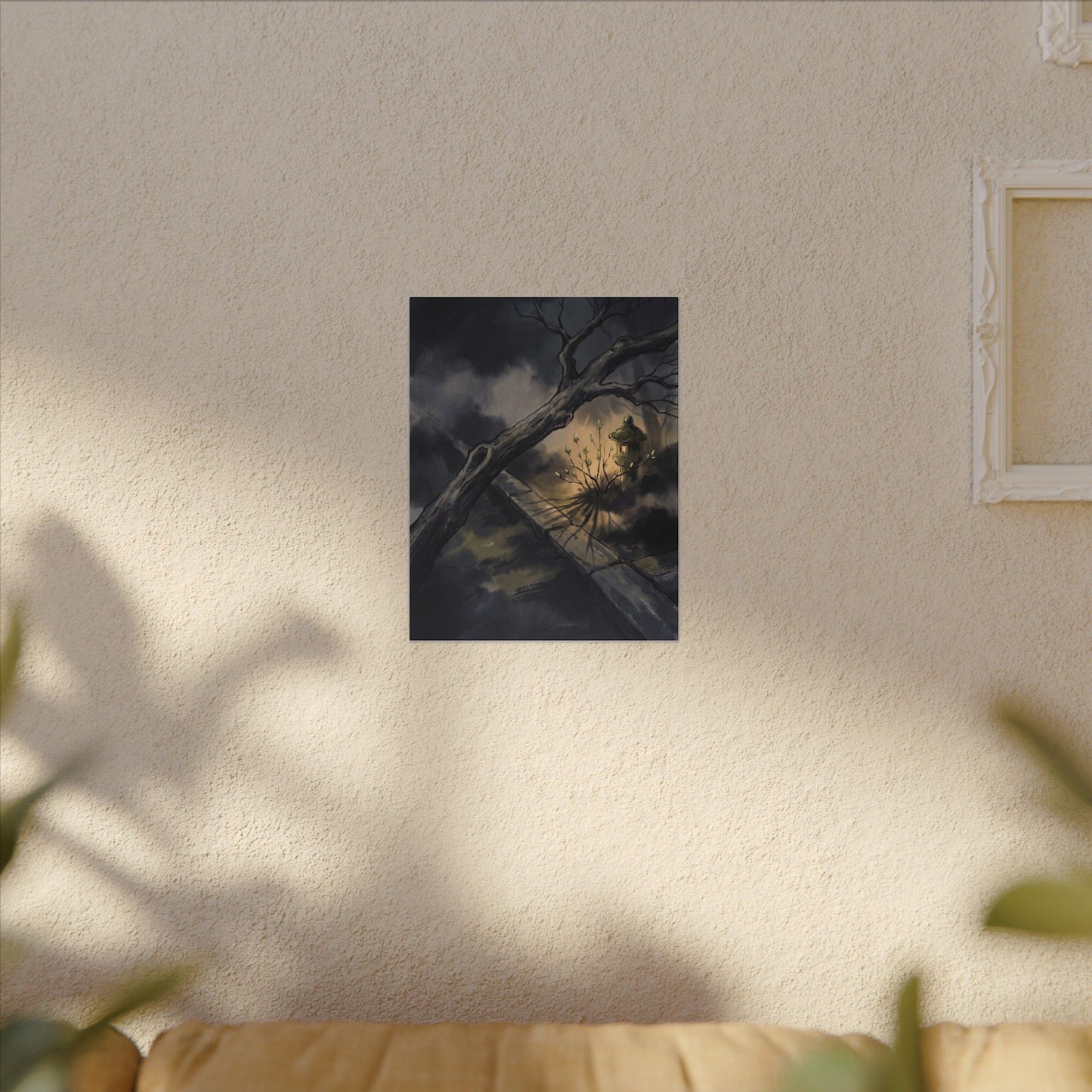 Dark Japandi Moonlit Garden in Golden Hour | Charcoal Ink Canvas Art