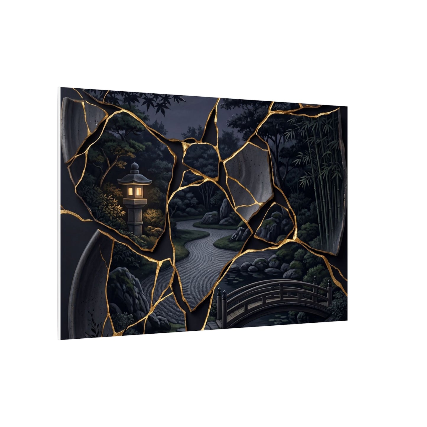 Kintsugi Moonlit Garden in Golden Hour | Gold Repair Canvas Art