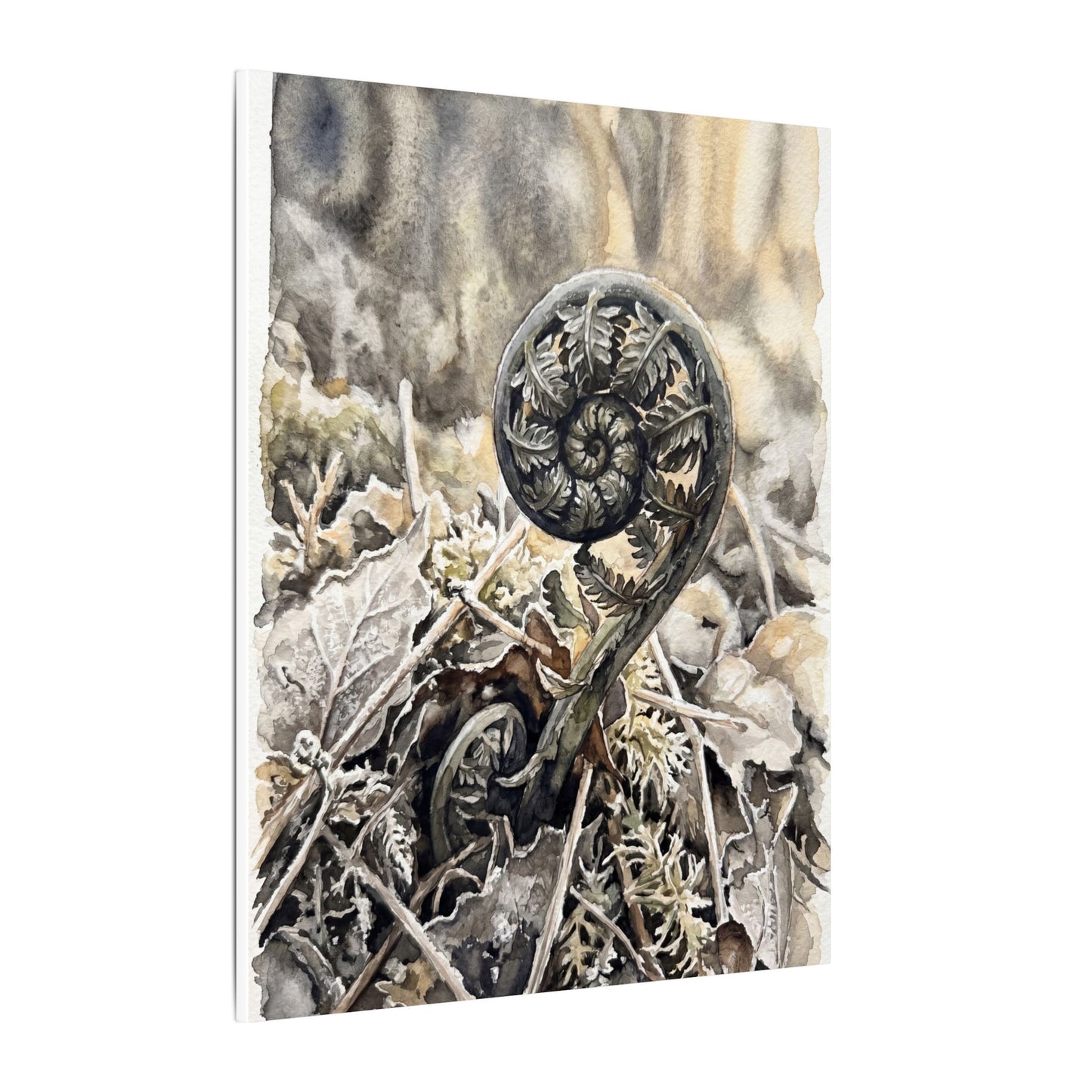 Japandi Fern Unfurling in Golden Hour | Watercolor Canvas Art