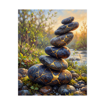 River Stones Wall Art Print | Spring Kintsugi Gold Repair Art