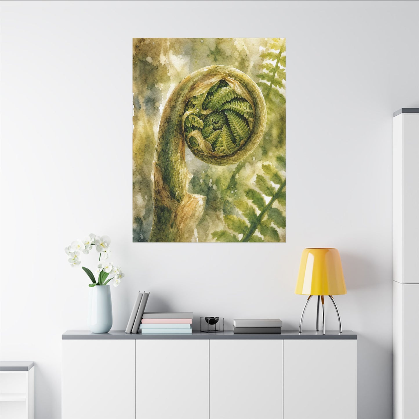 Japandi Fern Unfurling in Dappled | Watercolor Canvas Art