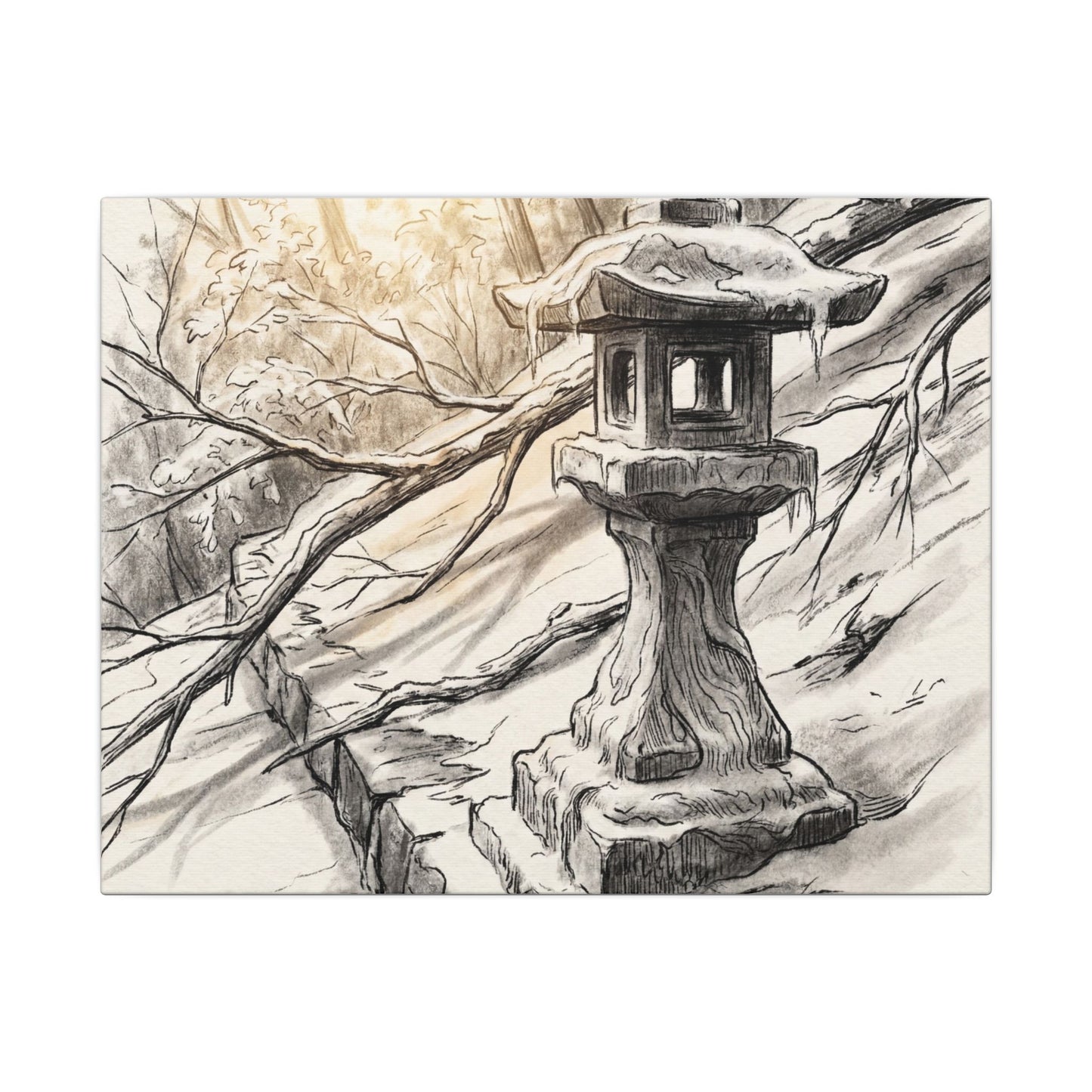 Golden Hour Stone Lantern Canvas Art - Japandi Kanso Art Print