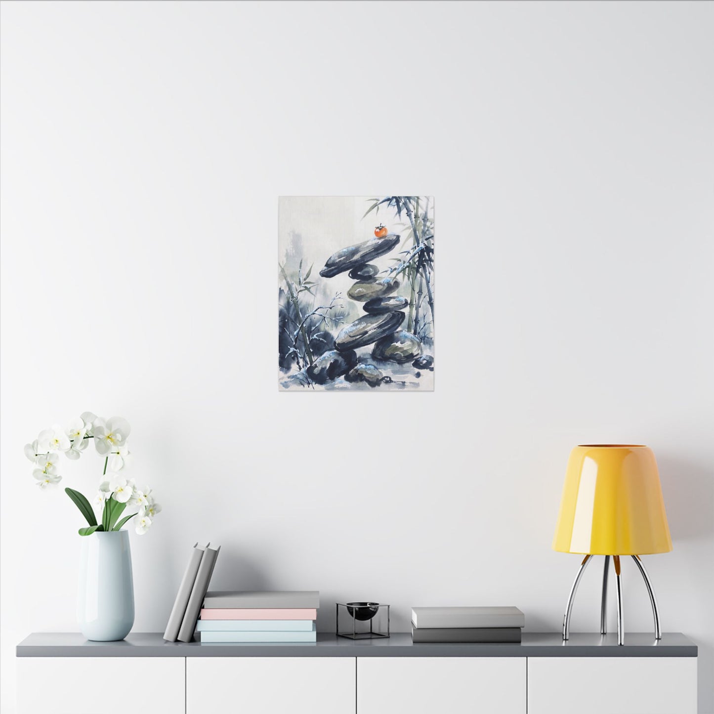 Zen River Stones in Moonlight | Sumi E Canvas Art