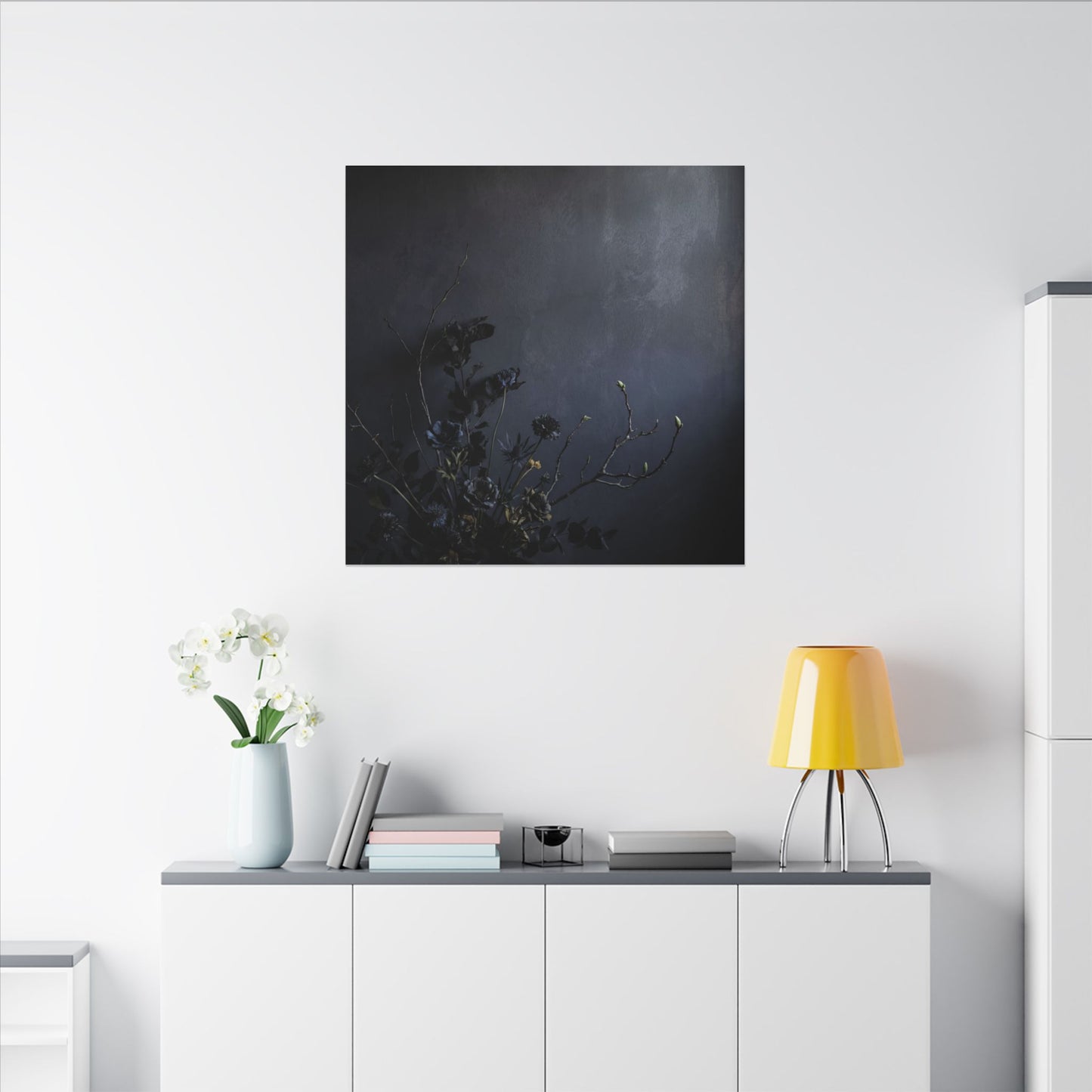 Dried Flowers Spring Canvas Art | Dark Japandi Moody Design