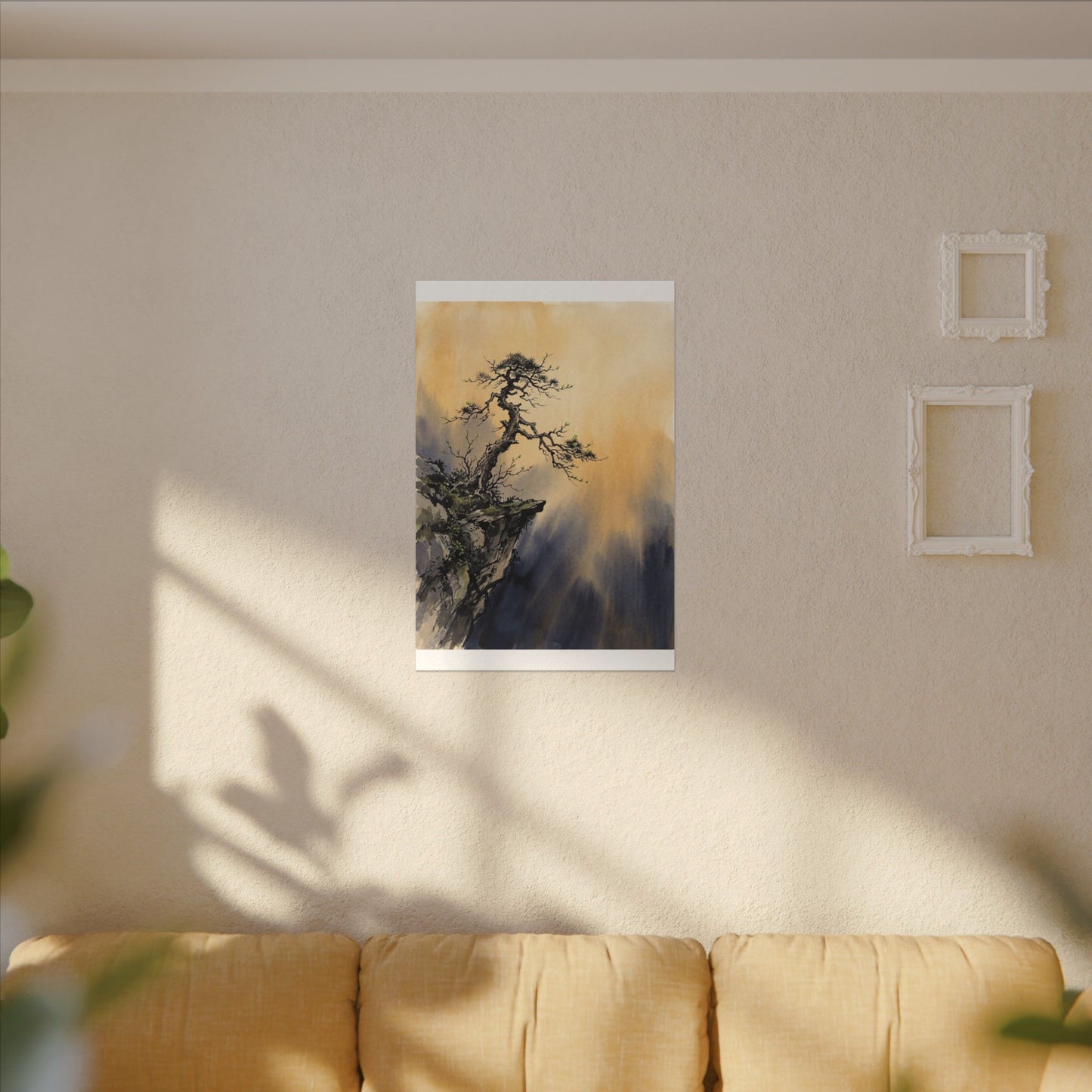 Zen Pine Tree in Golden Hour | Sumi E Canvas Art