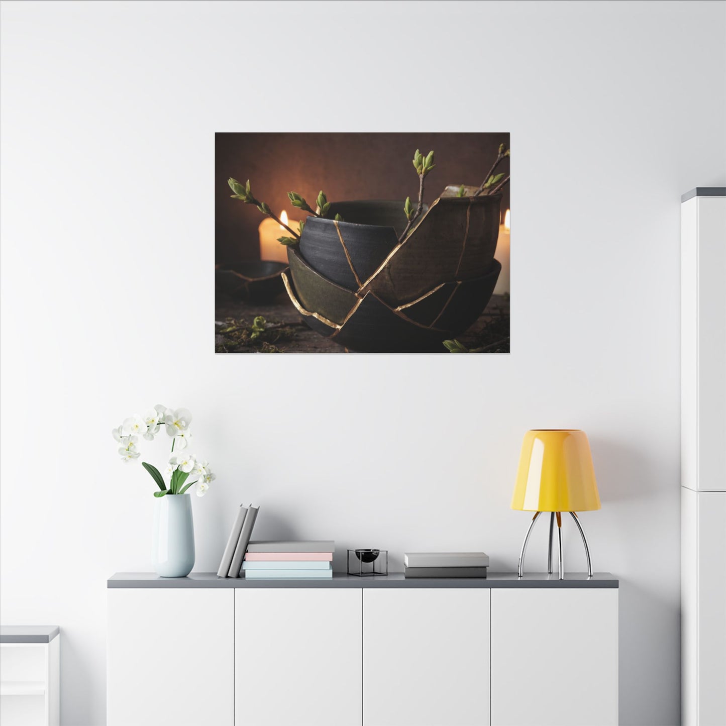 Broken Pottery Spring Canvas Art | Dark Japandi Luxurious Design