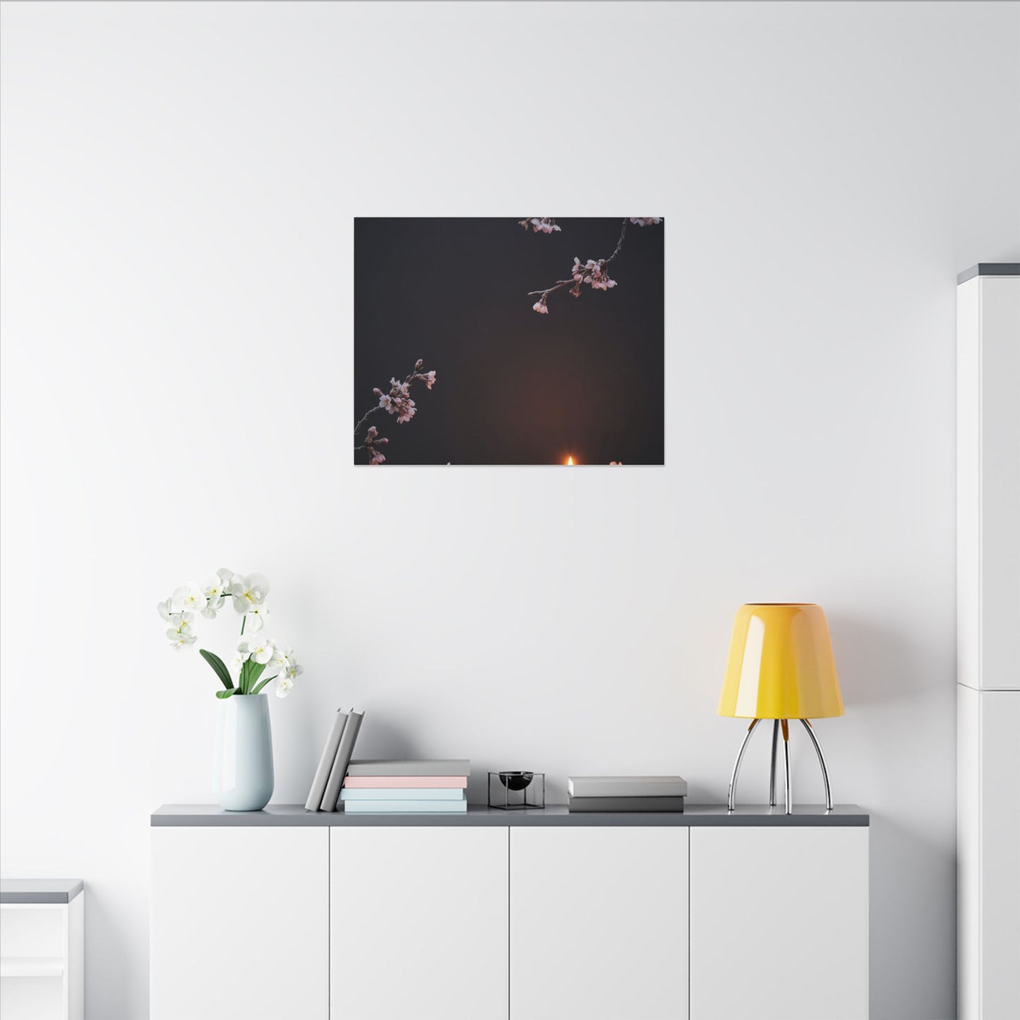 Dark Japandi Cherry Blossom in Candlelight | Moody Minimal Canvas Art