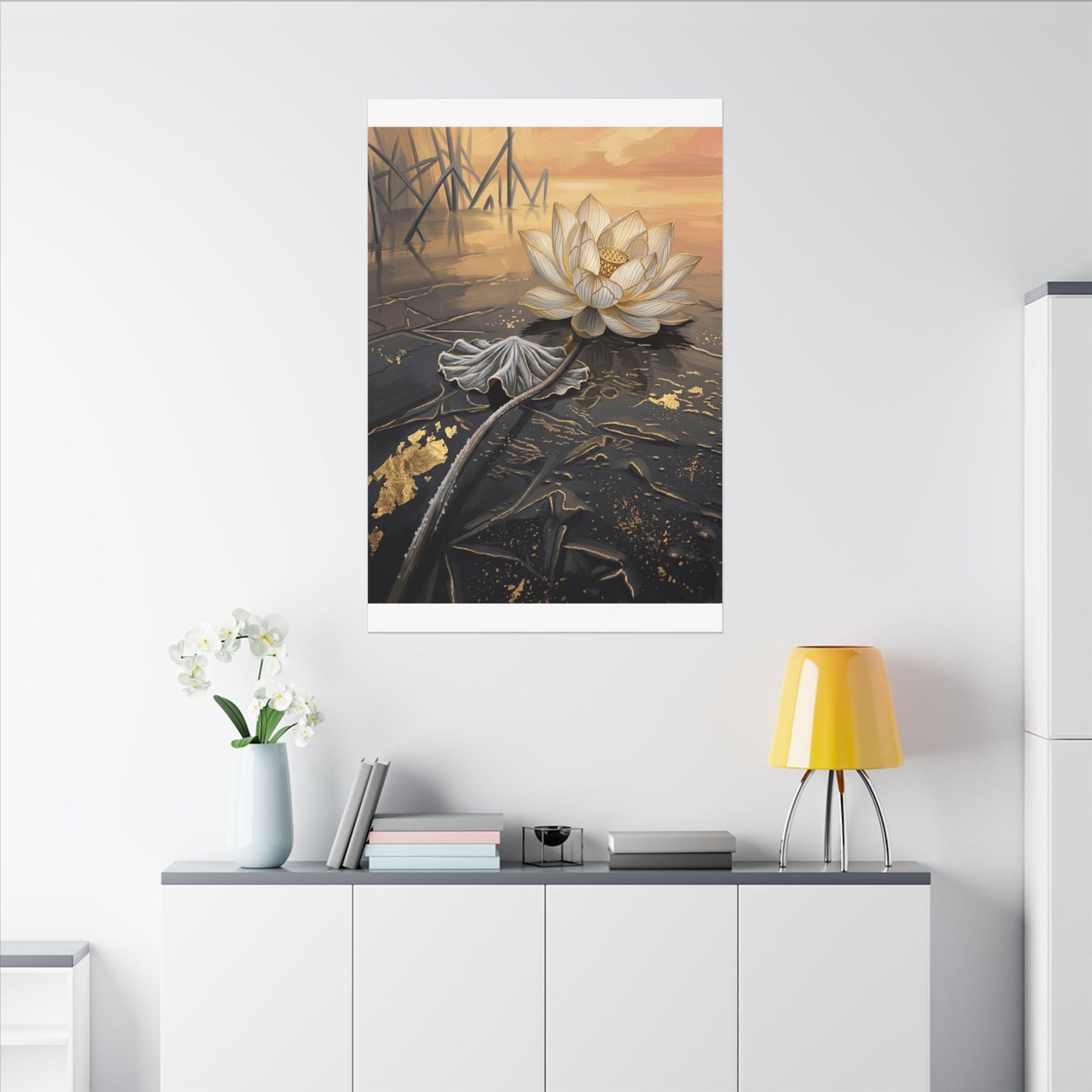 Kintsugi Lotus Flower in Golden Hour | Gold Vein Canvas Art