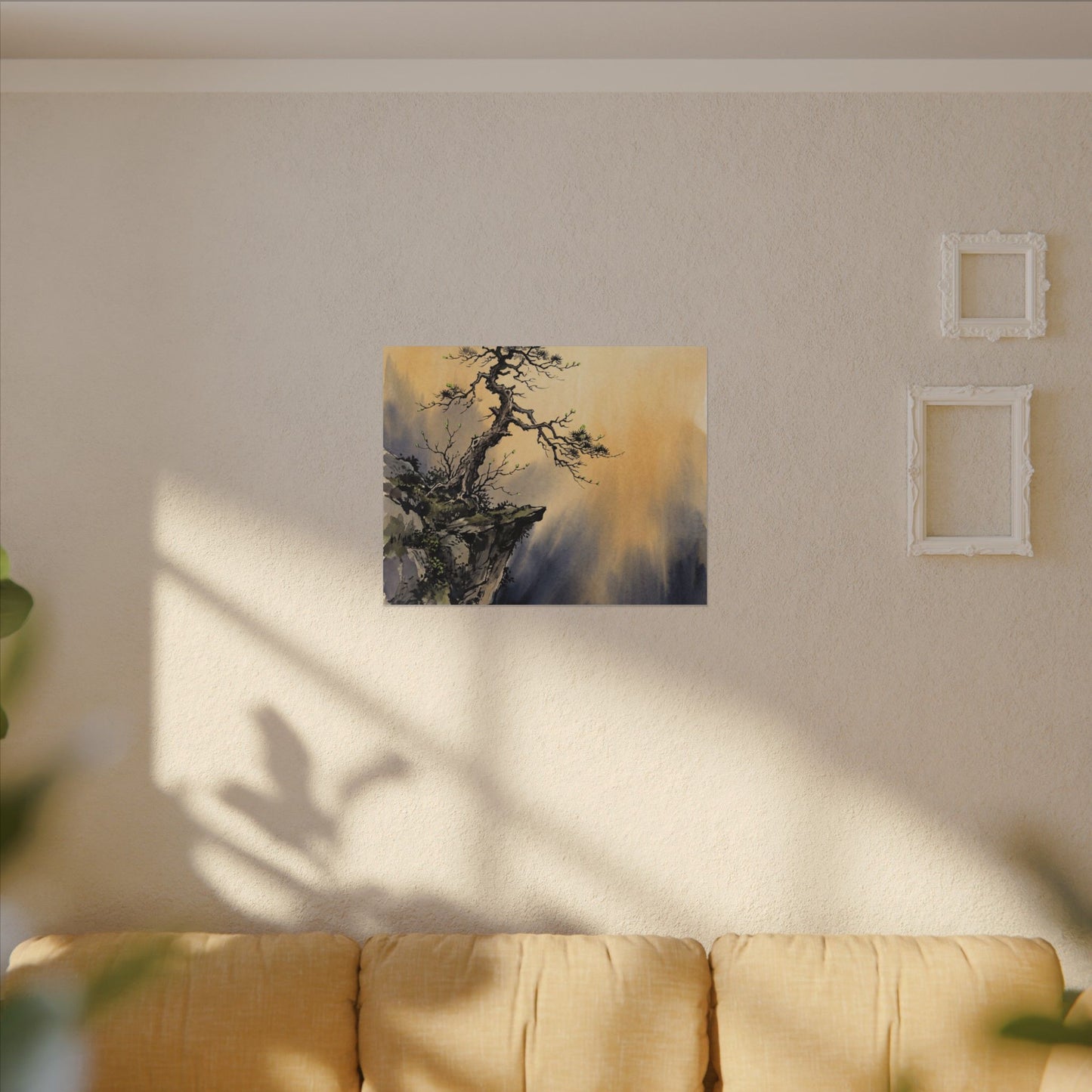 Zen Pine Tree in Golden Hour | Sumi E Canvas Art