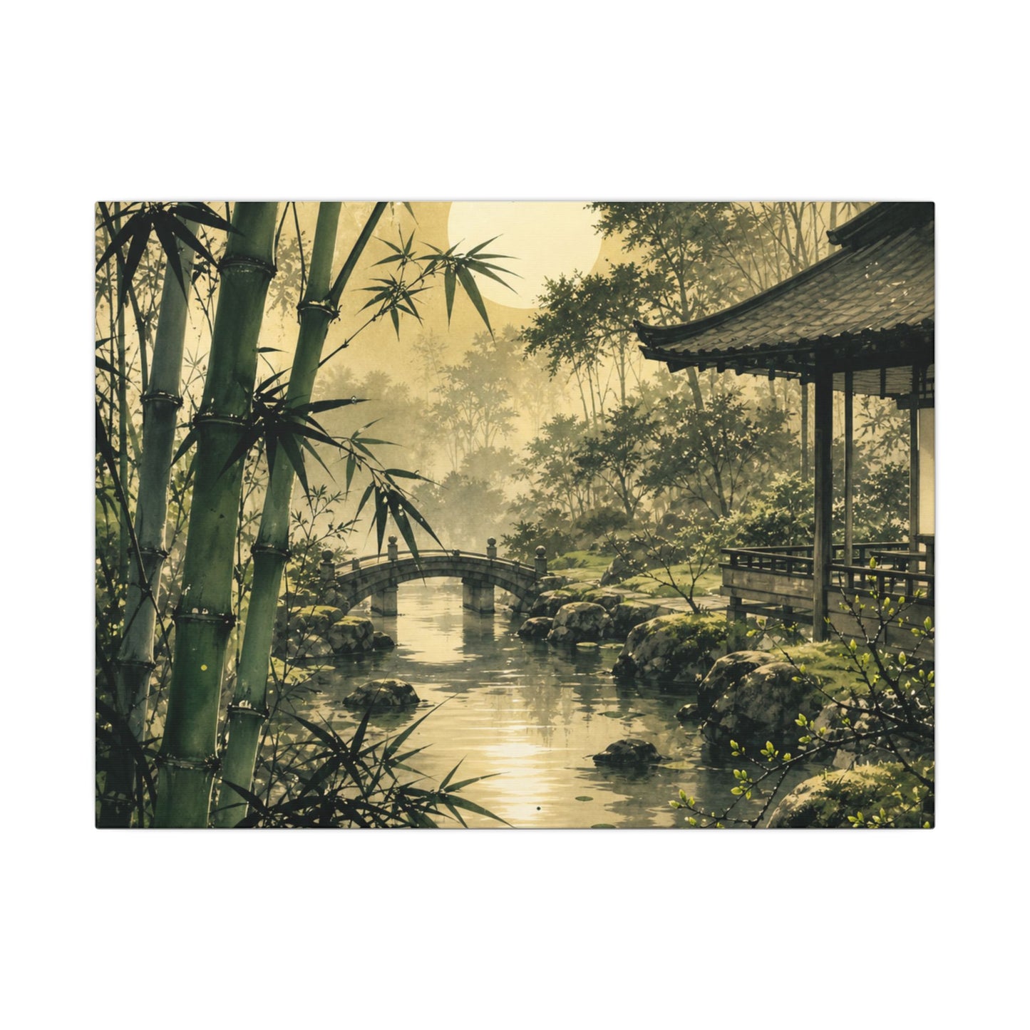 Moonlit Garden Sumi E Canvas Art | Calm Zen Art