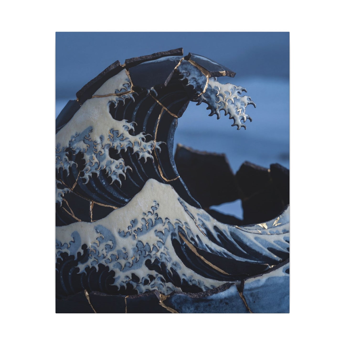 Ocean Wave Canvas Art | Winter Kintsugi Gold Repair Art