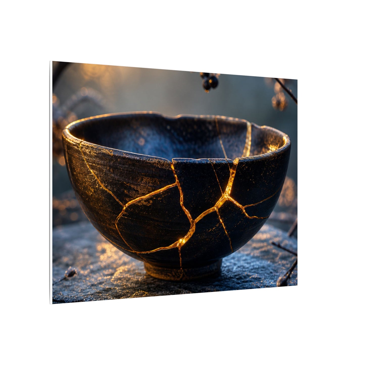 Ceramic Bowl Canvas Art | Winter Kintsugi Gold Repair Art