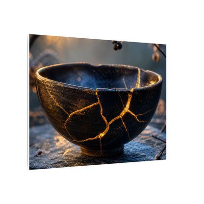 Ceramic Bowl Canvas Art | Winter Kintsugi Gold Repair Art