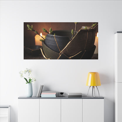 Broken Pottery Spring Canvas Art | Dark Japandi Luxurious Design