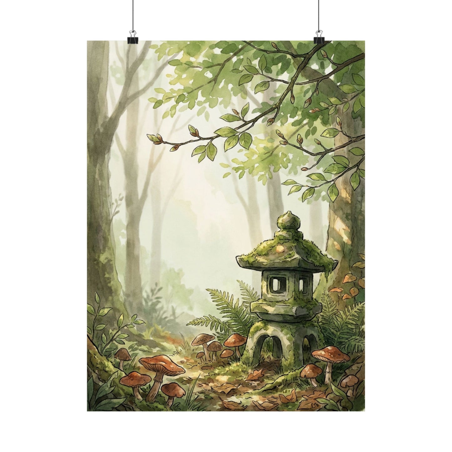 Spring Stone Lantern Mushroom Illustration Wall Art Print | Earthy Decor