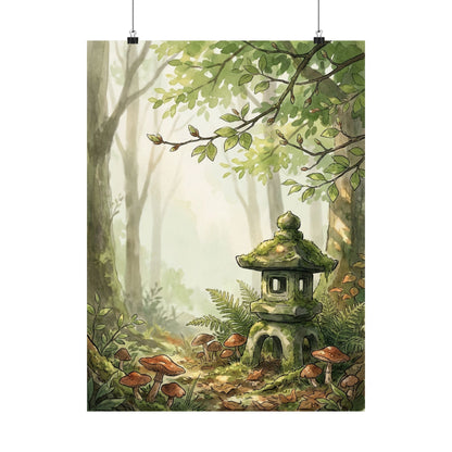 Spring Stone Lantern Mushroom Illustration Wall Art Print | Earthy Decor
