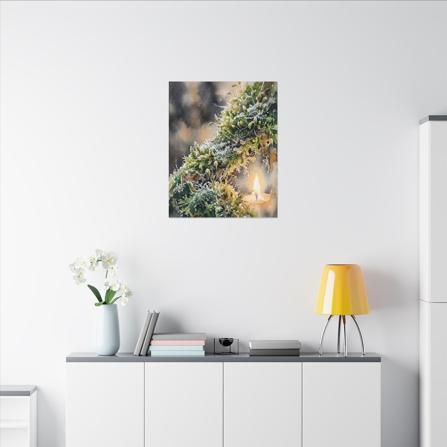 Winter Moss Close Up Watercolor Canvas Art | Neutral Decor