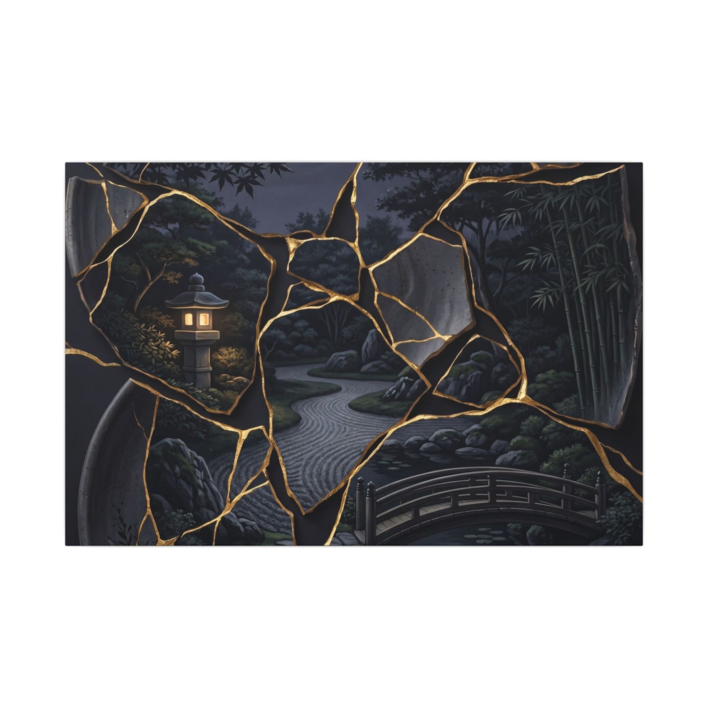 Kintsugi Moonlit Garden in Golden Hour | Gold Repair Canvas Art