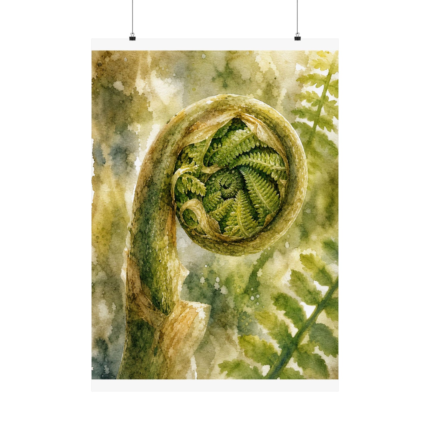 Elegant Fern Unfurling Wall Art Print - Watercolor Japandi