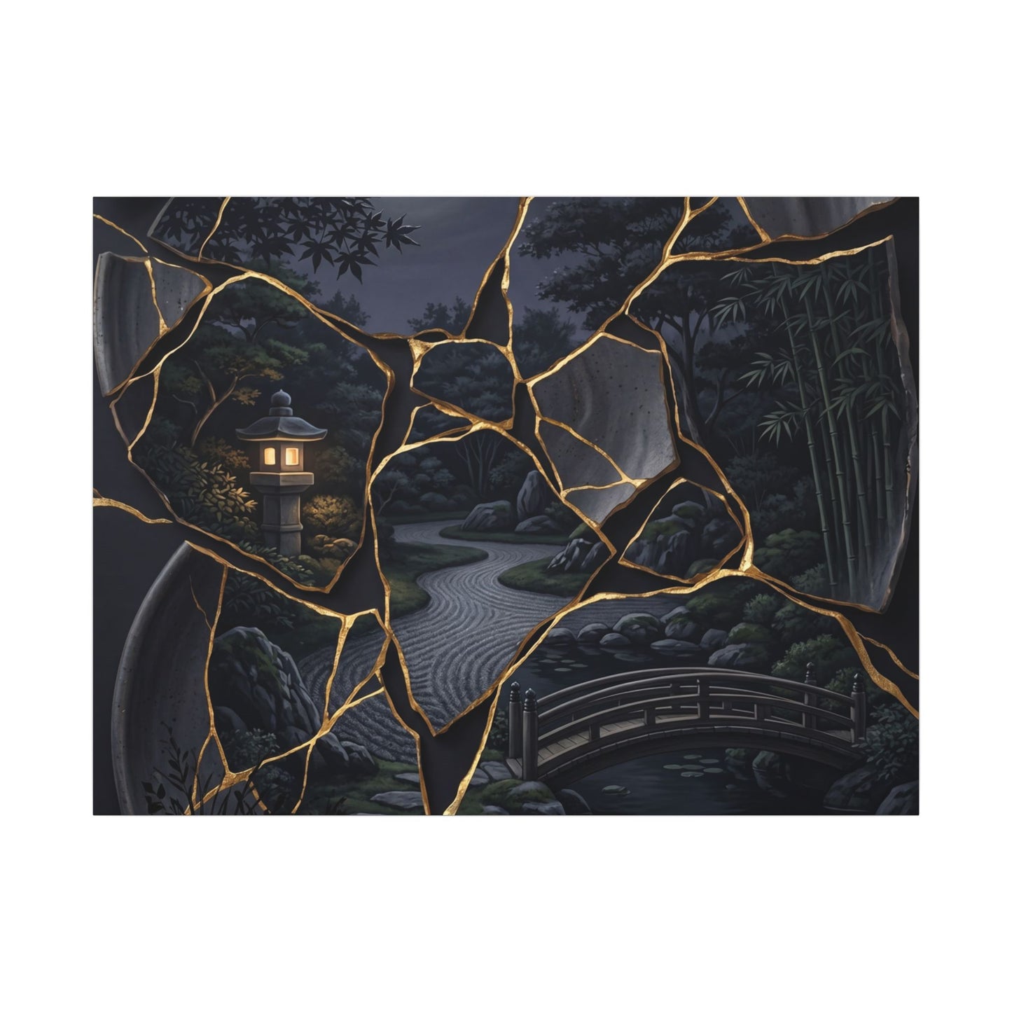 Kintsugi Moonlit Garden in Golden Hour | Gold Repair Canvas Art