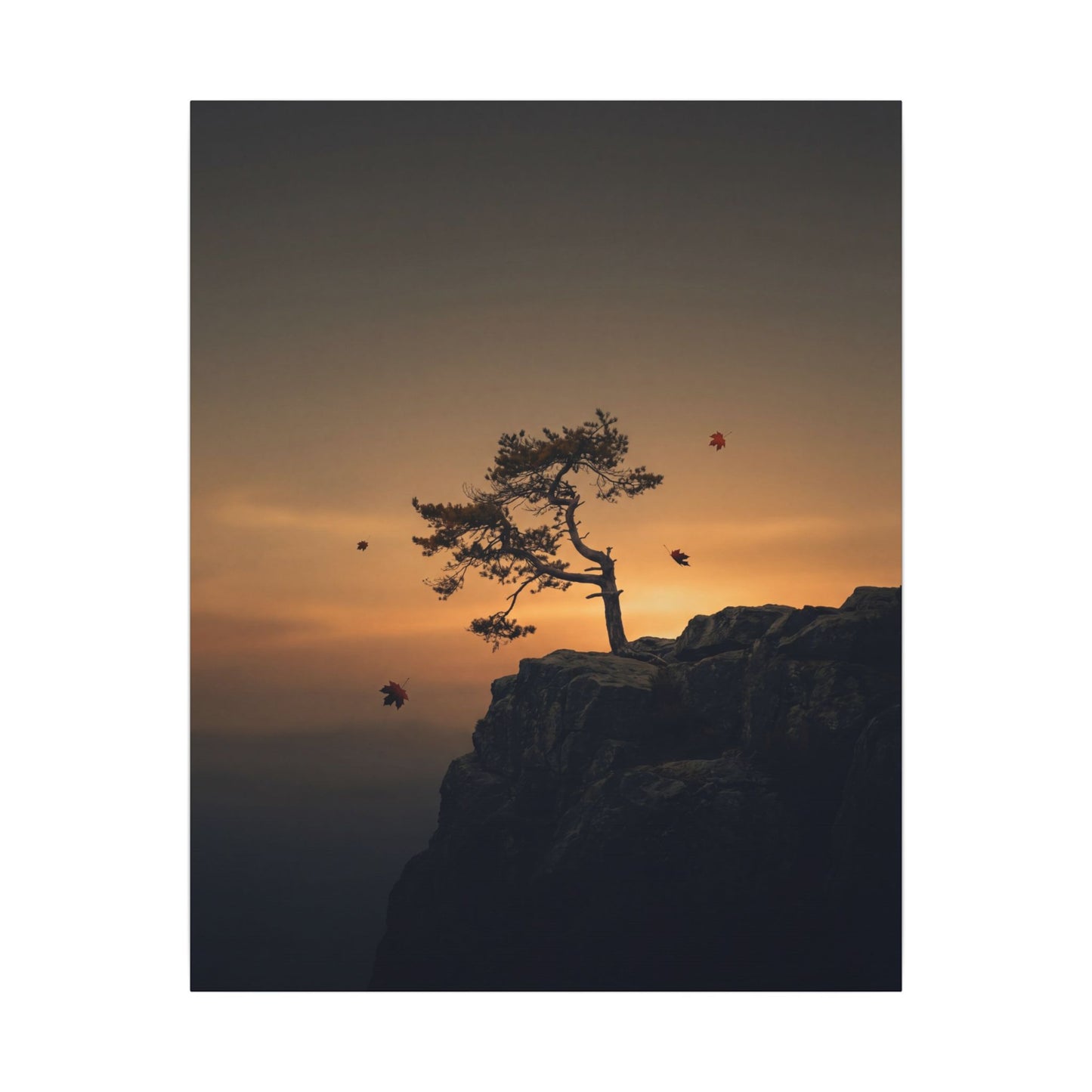 Dark Japandi Pine Tree in Golden Hour | Moody Minimal Canvas Art