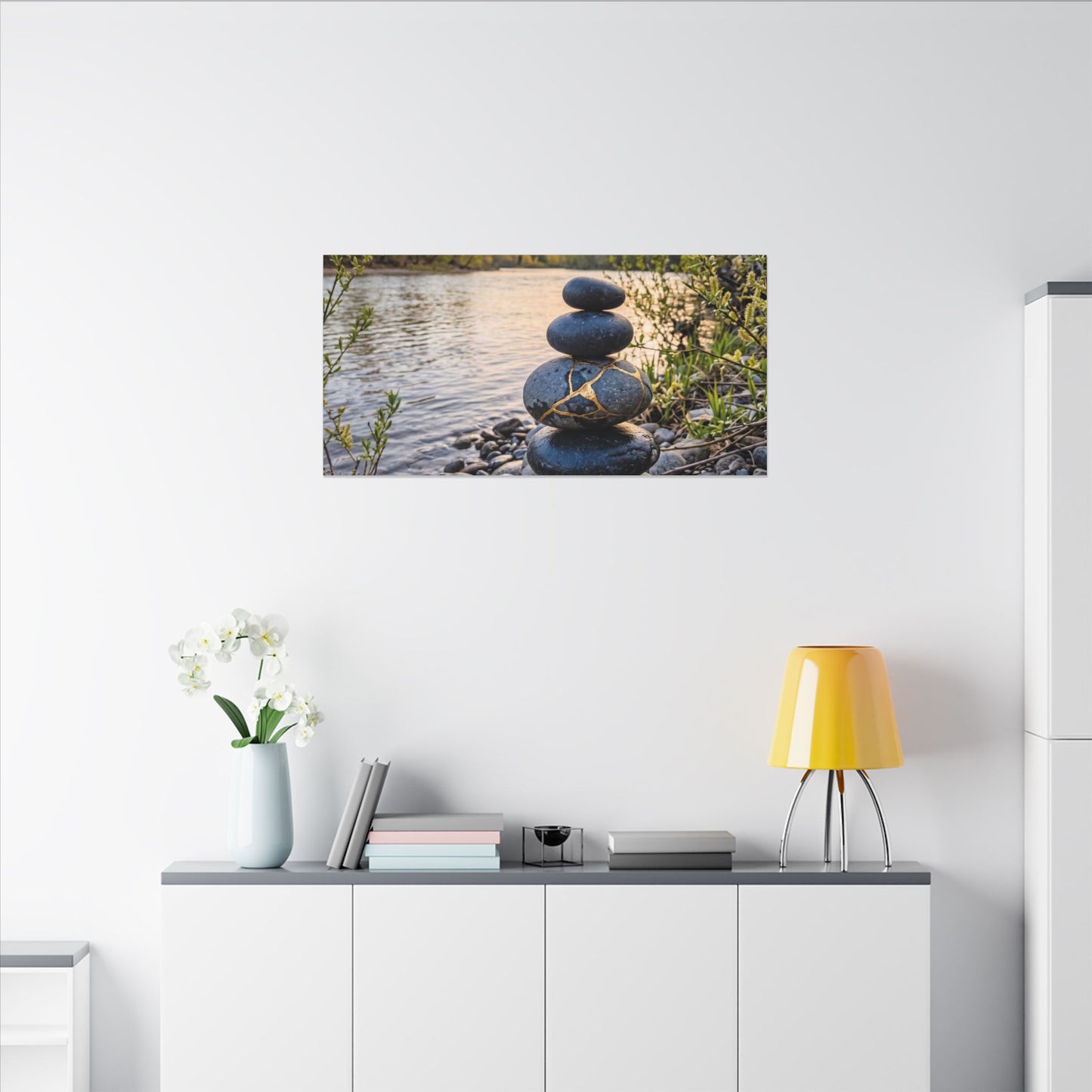 Kintsugi River Stones in Golden Hour | Gold Vein Canvas Art