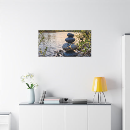 Kintsugi River Stones in Golden Hour | Gold Vein Canvas Art