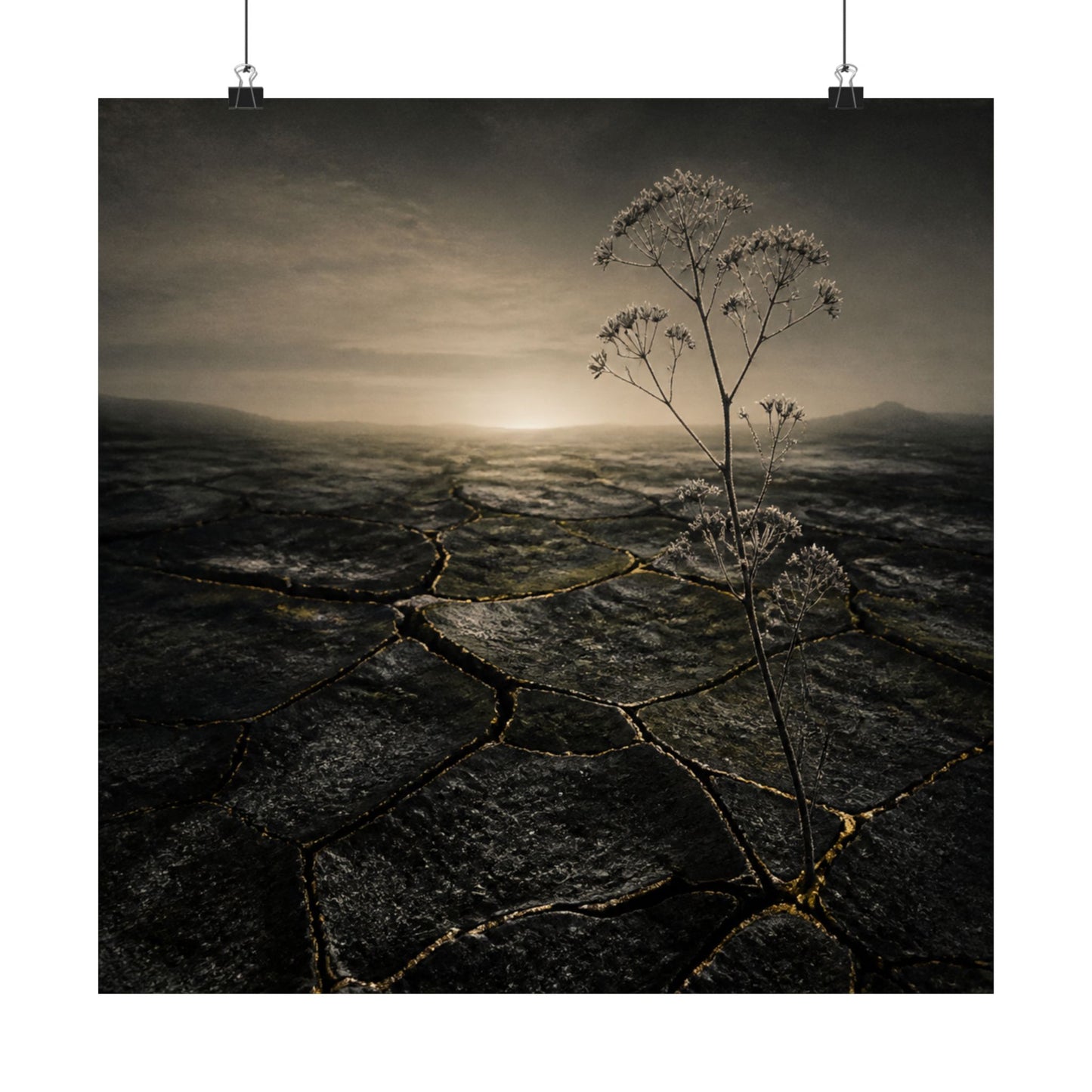 Dawn Cracked Earth Wall Art Print - Dark Japandi Mono No Aware
