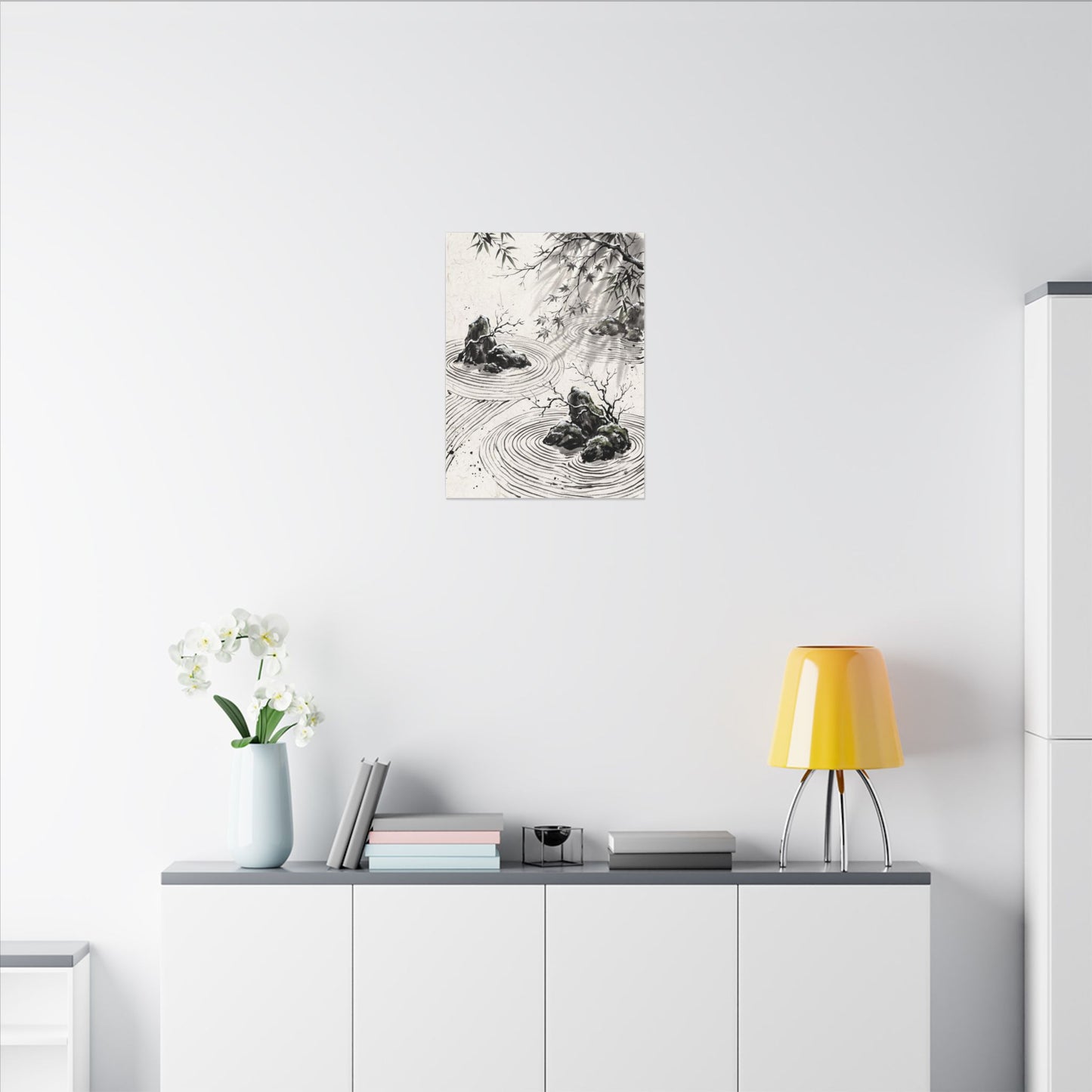 Rock Garden Canvas Art | Winter Zen Sumi E Art