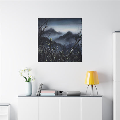Mountain Mist Spring Canvas Art | Dark Japandi Atmospheric Design