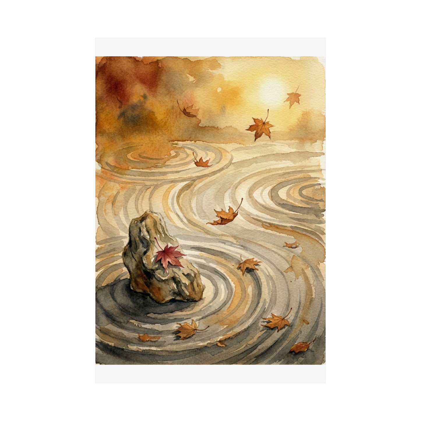 Japandi Rock Garden in Golden Hour | Watercolor Wall Art Print