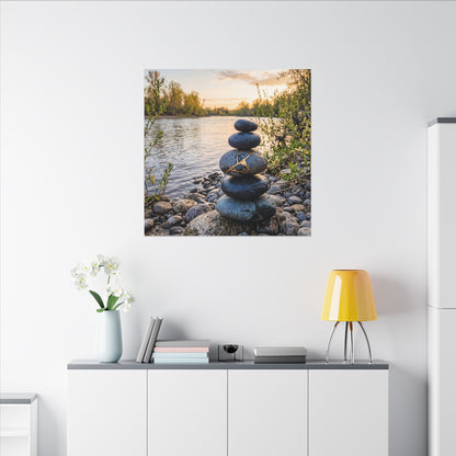 Kintsugi River Stones in Golden Hour | Gold Vein Canvas Art