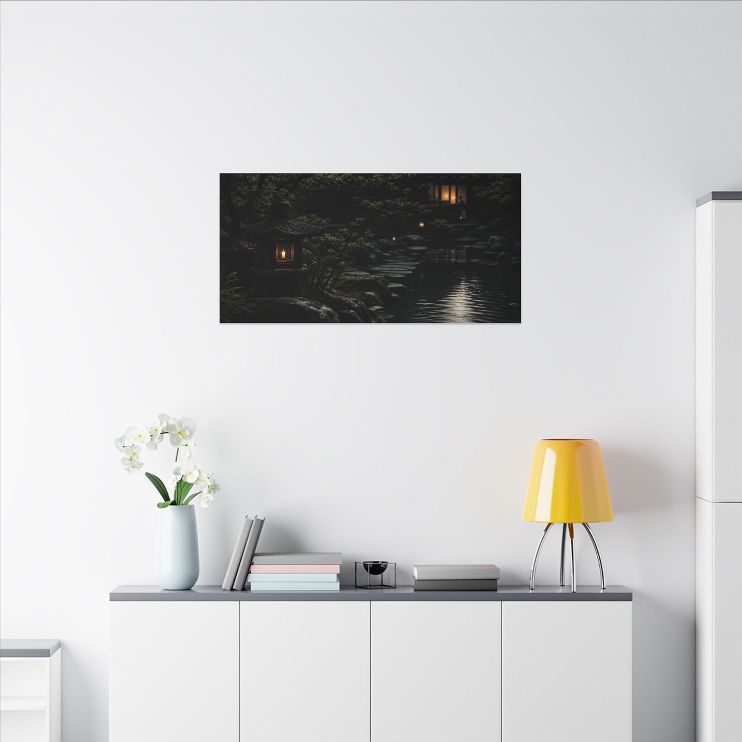 Moonlit Garden Shadow Zen Canvas Art | Sophisticated Dark Japandi Art
