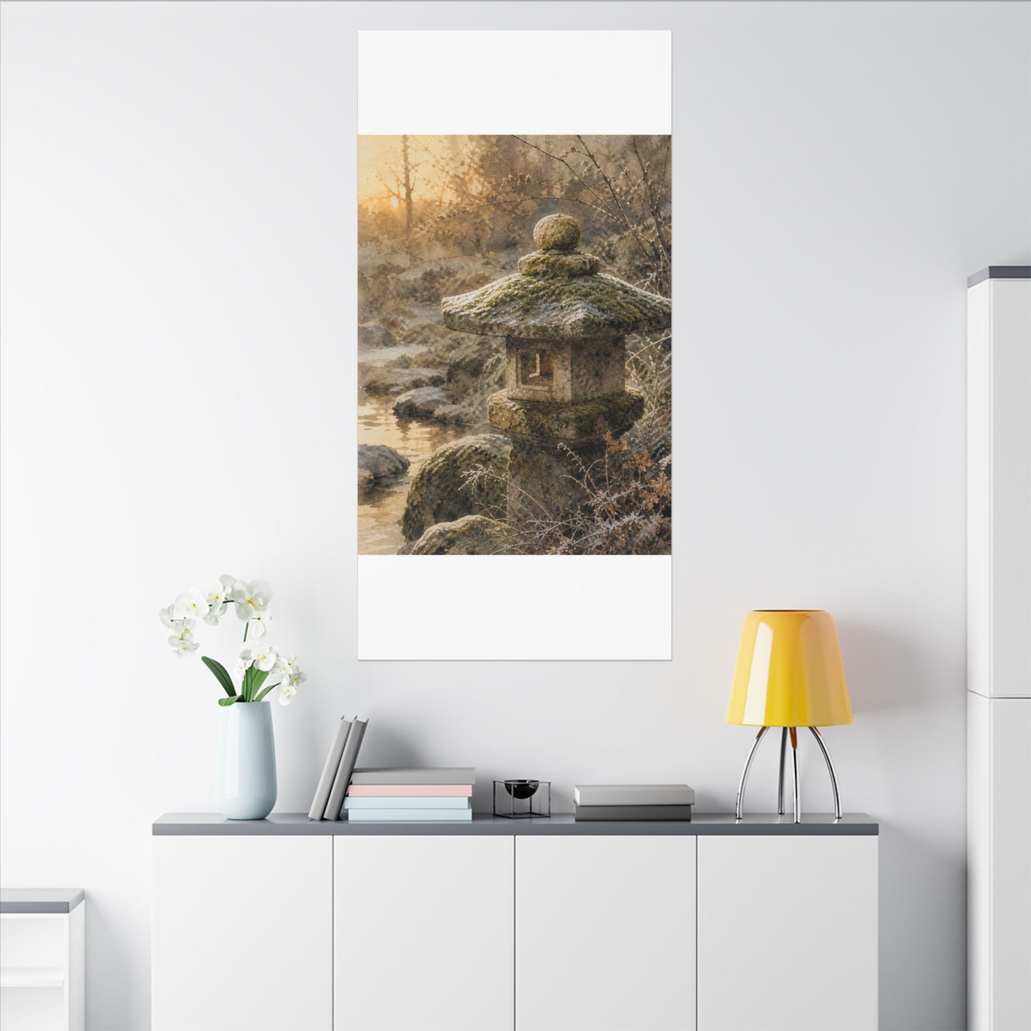 Winter Stone Lantern Watercolor Canvas Art | Earthy Decor