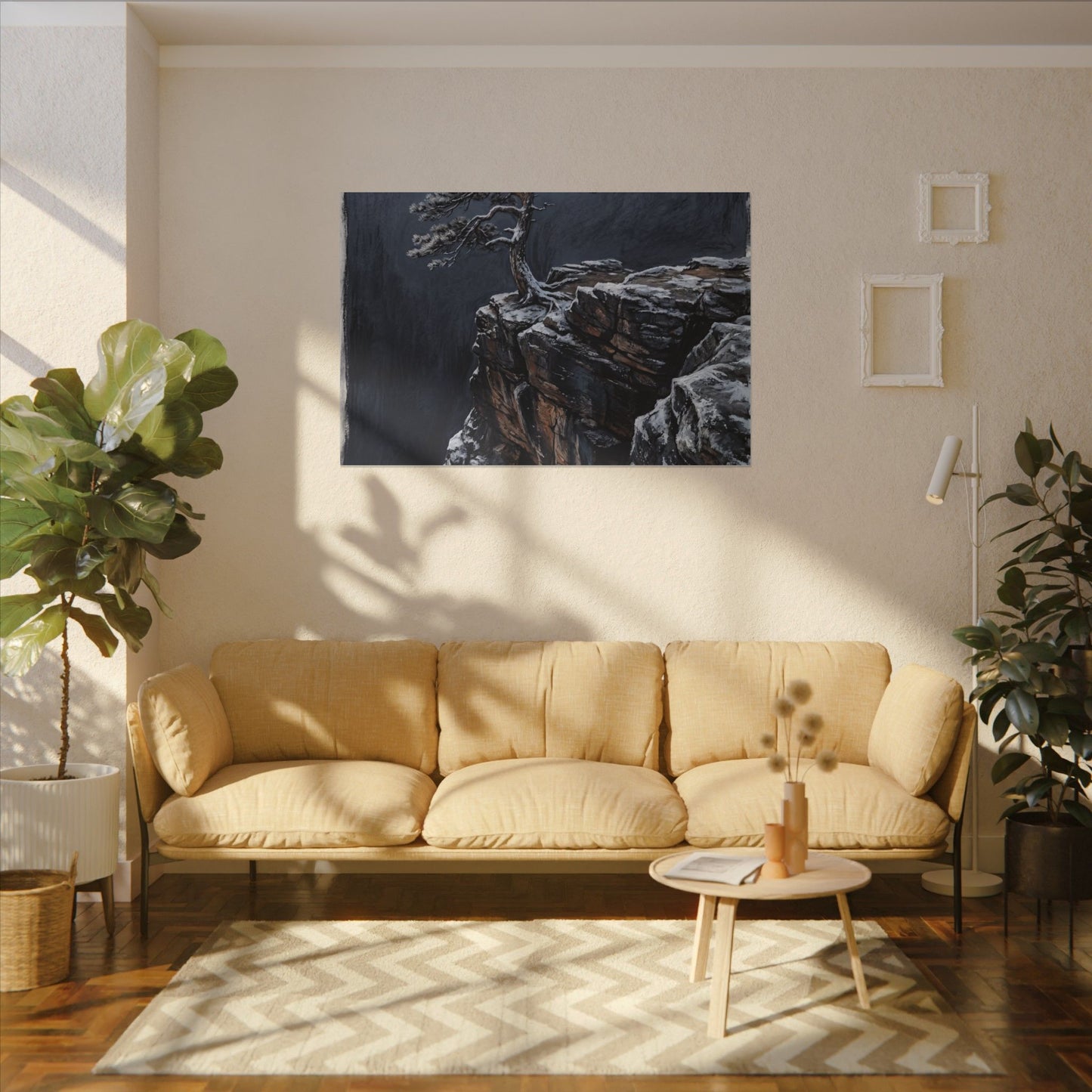 Dark Japandi Pine Tree in Dawn | Dark Texture Canvas Art
