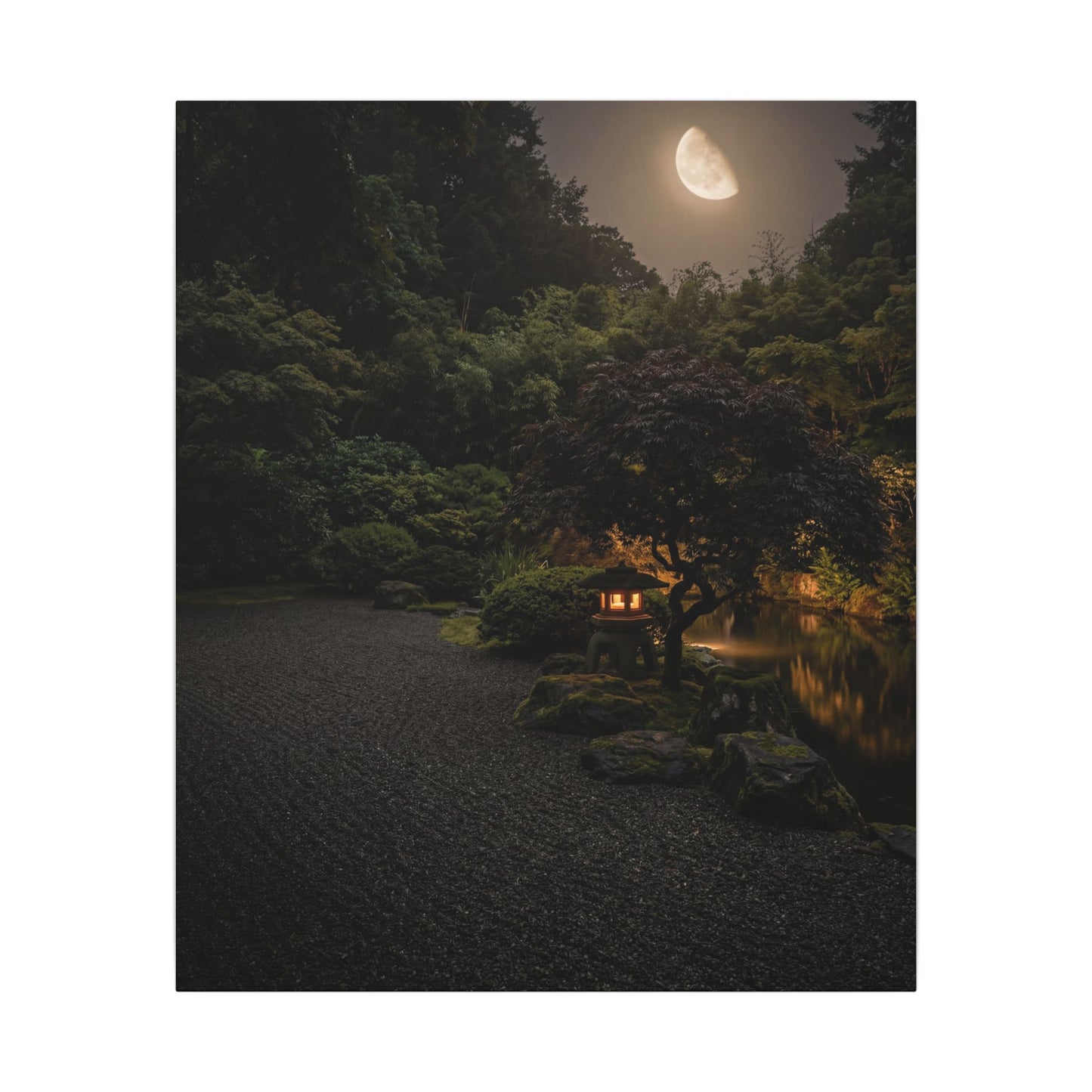 Dark Japandi Moonlit Garden in Golden Hour | Moody Minimal Canvas Art