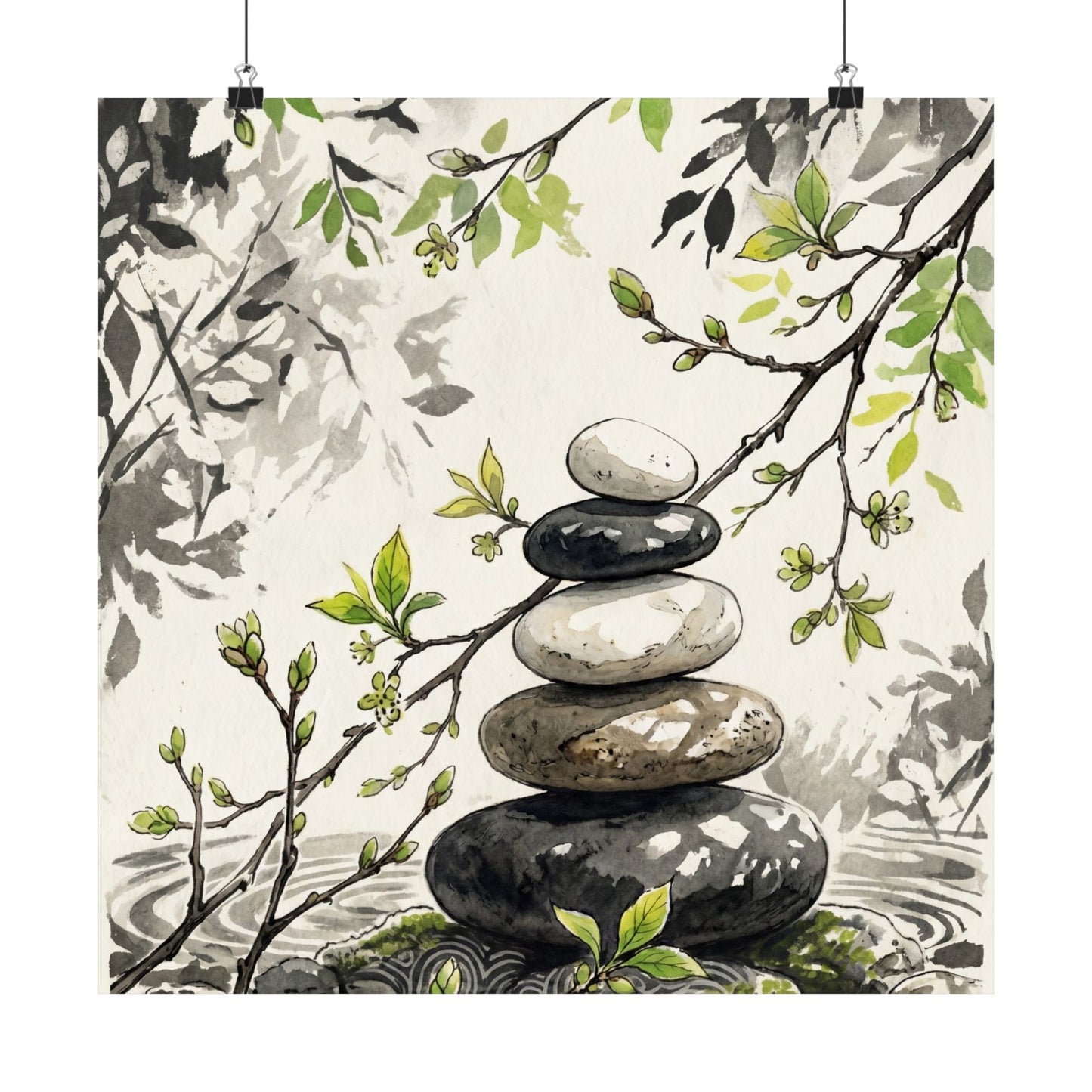 River Stones Spring Wall Art Print | Japandi Warm Design