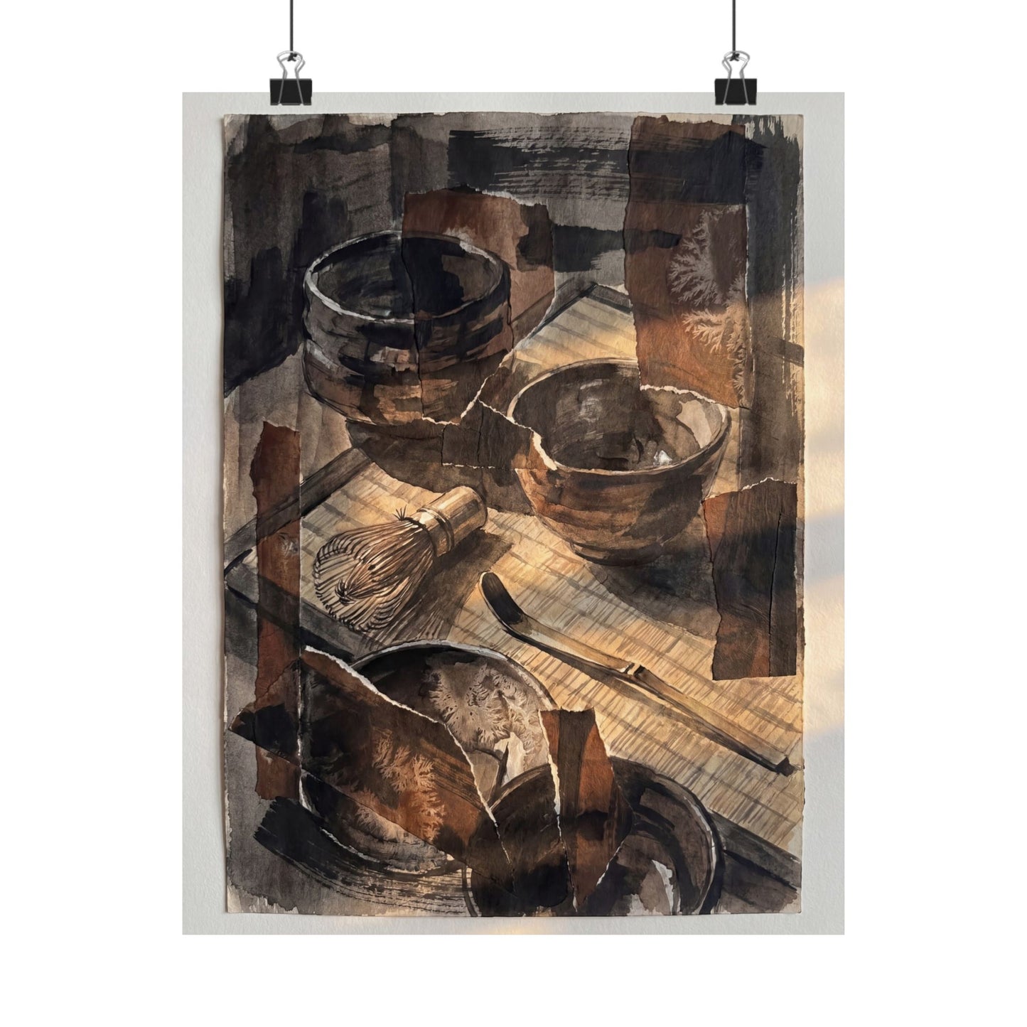 Dark Japandi Tea Ceremony in Golden Hour | Charcoal Ink Wall Art Print