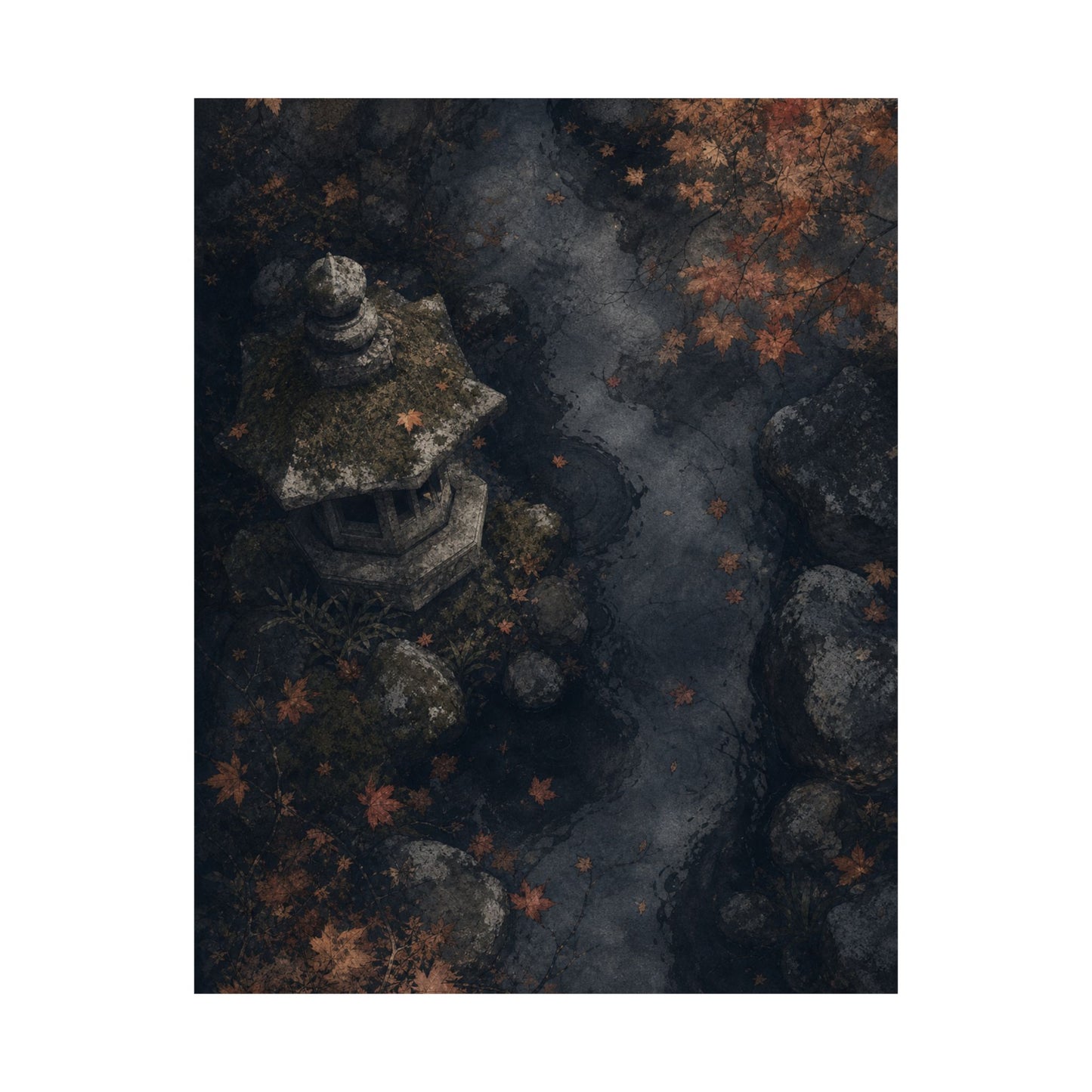 Japandi Stone Lantern in Moonlight | Texture Wall Art Print