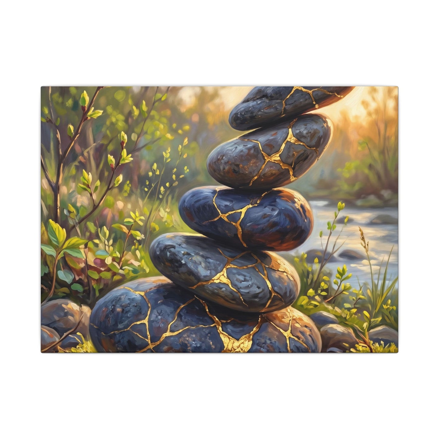 Spring River Stones Gold Repair Canvas Art | Healing Decor