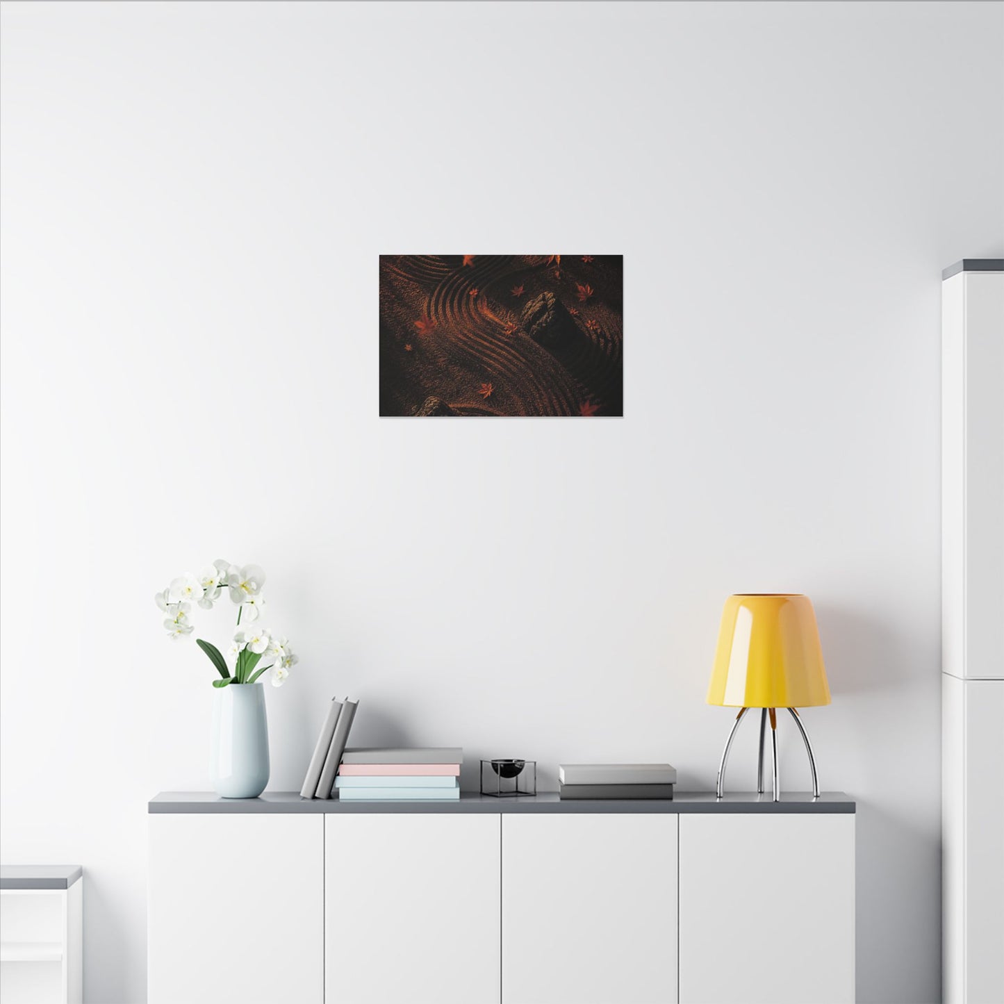 Dark Japandi Rock Garden in Golden Hour | Charcoal Ink Canvas Art