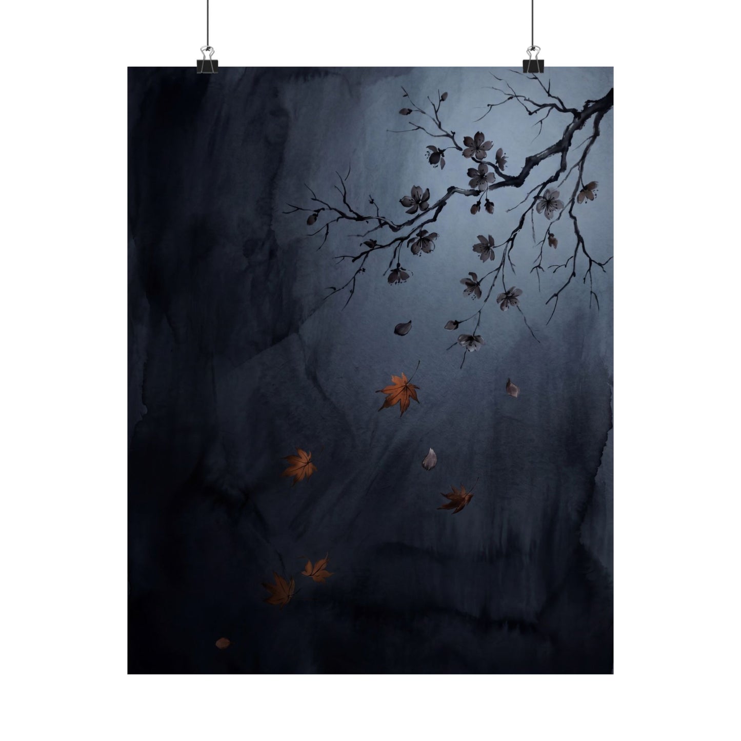 Moonlight Cherry Blossom Wall Art Print - Dark Japandi Ma