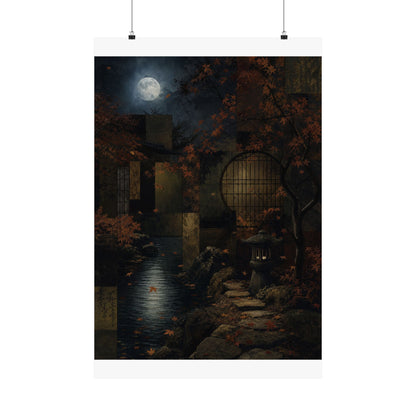 Moonlit Garden Shadow Zen Wall Art Print | Moody Dark Japandi Art