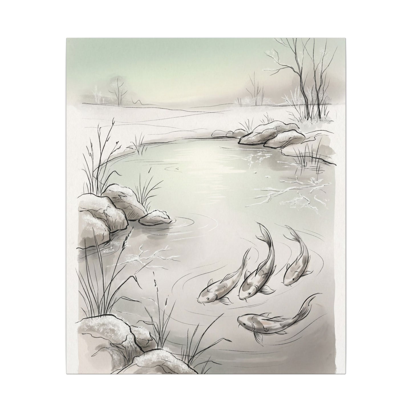 Koi Pond Minimal Line Canvas Art | Cozy Japandi Art
